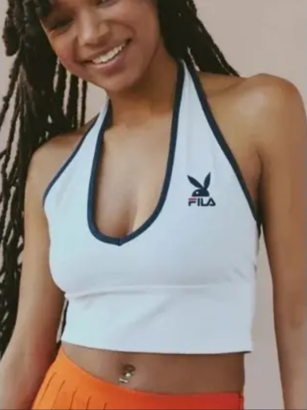 NWT a FILA x Playboy Halterneck Crop Top in white and navy